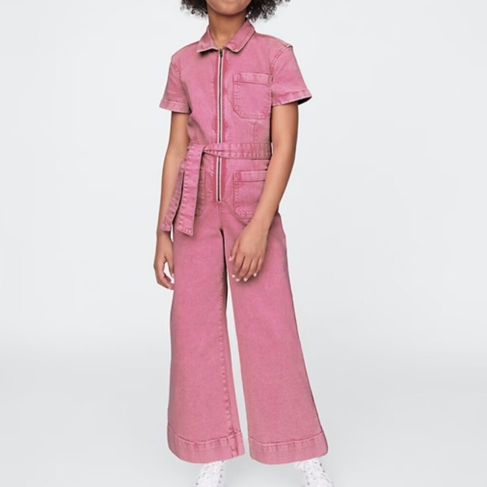 GAP Kids Pink Denim Belted Jumpsuit Romper Size 14 Girl